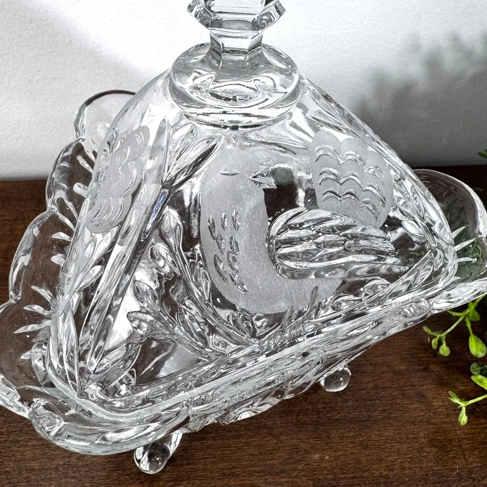 Vintage Cut Crystal Covered Candy Dish Etched Bird 3 Footed Faceted Finial